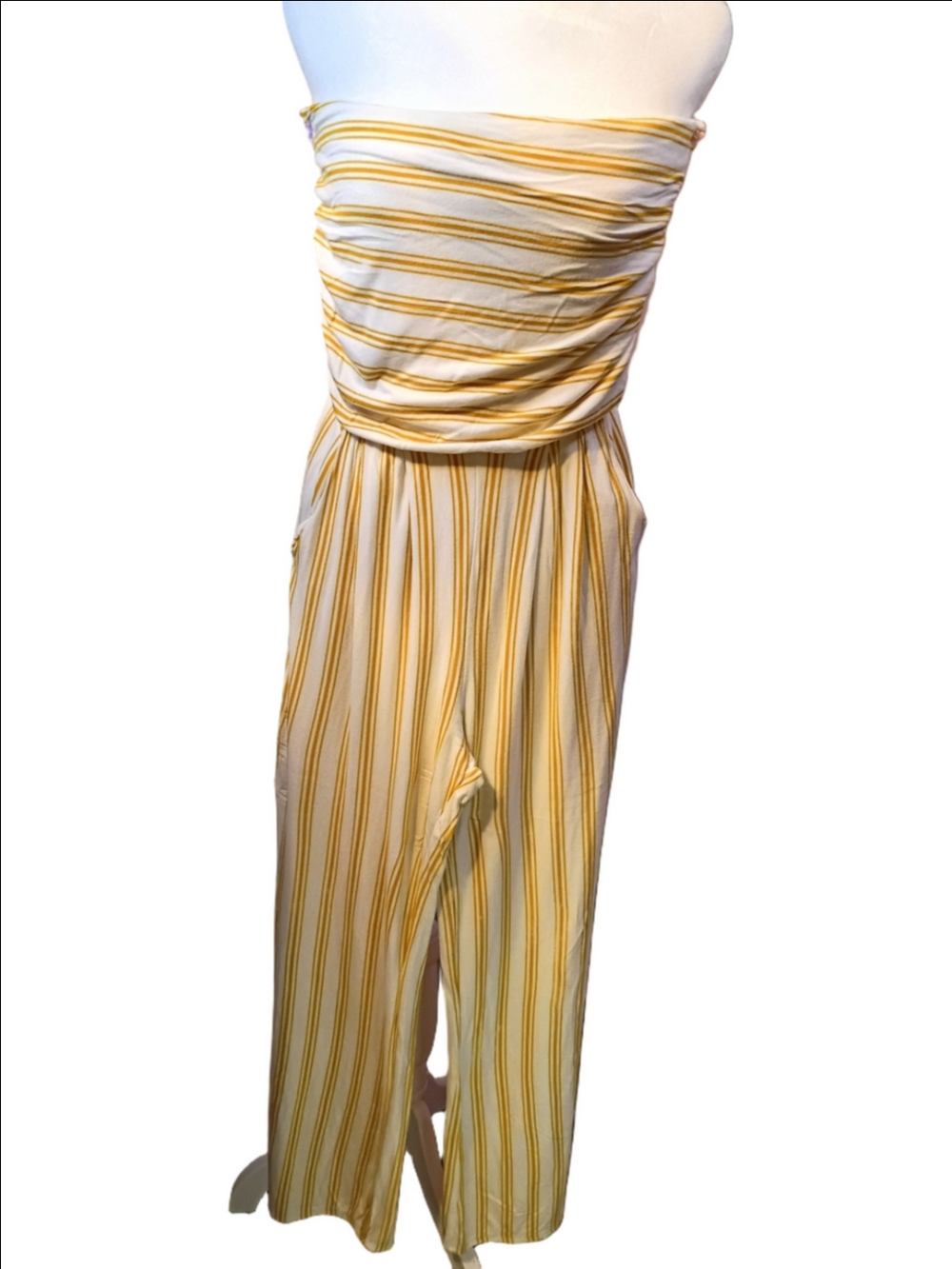 Heart & Hips Yellow White Striped Strapless Wide-Leg Dressy Jumpsuit Size Large